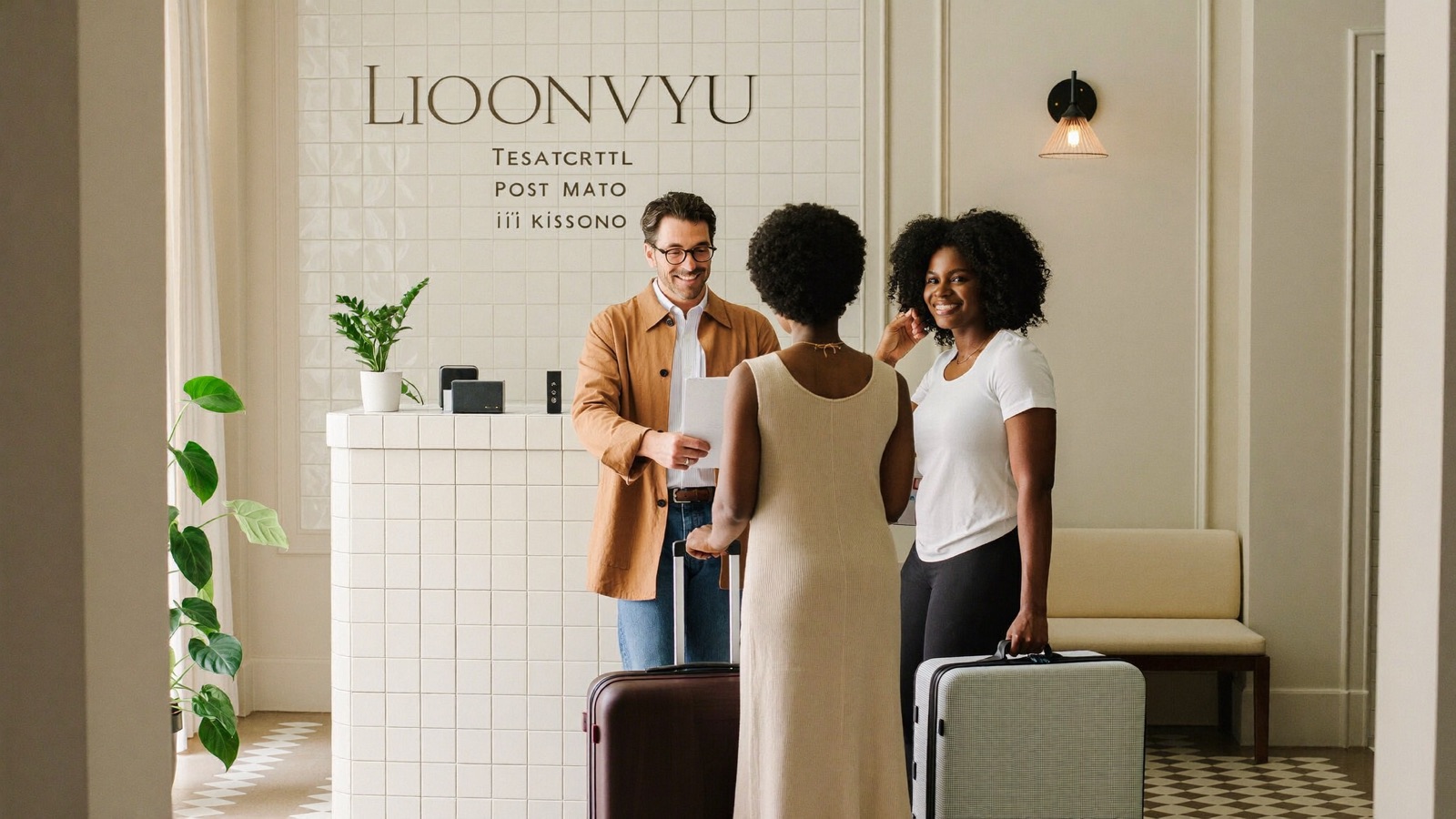 A guest at a boutique hotel reception being welcomed by a smiling receptionist