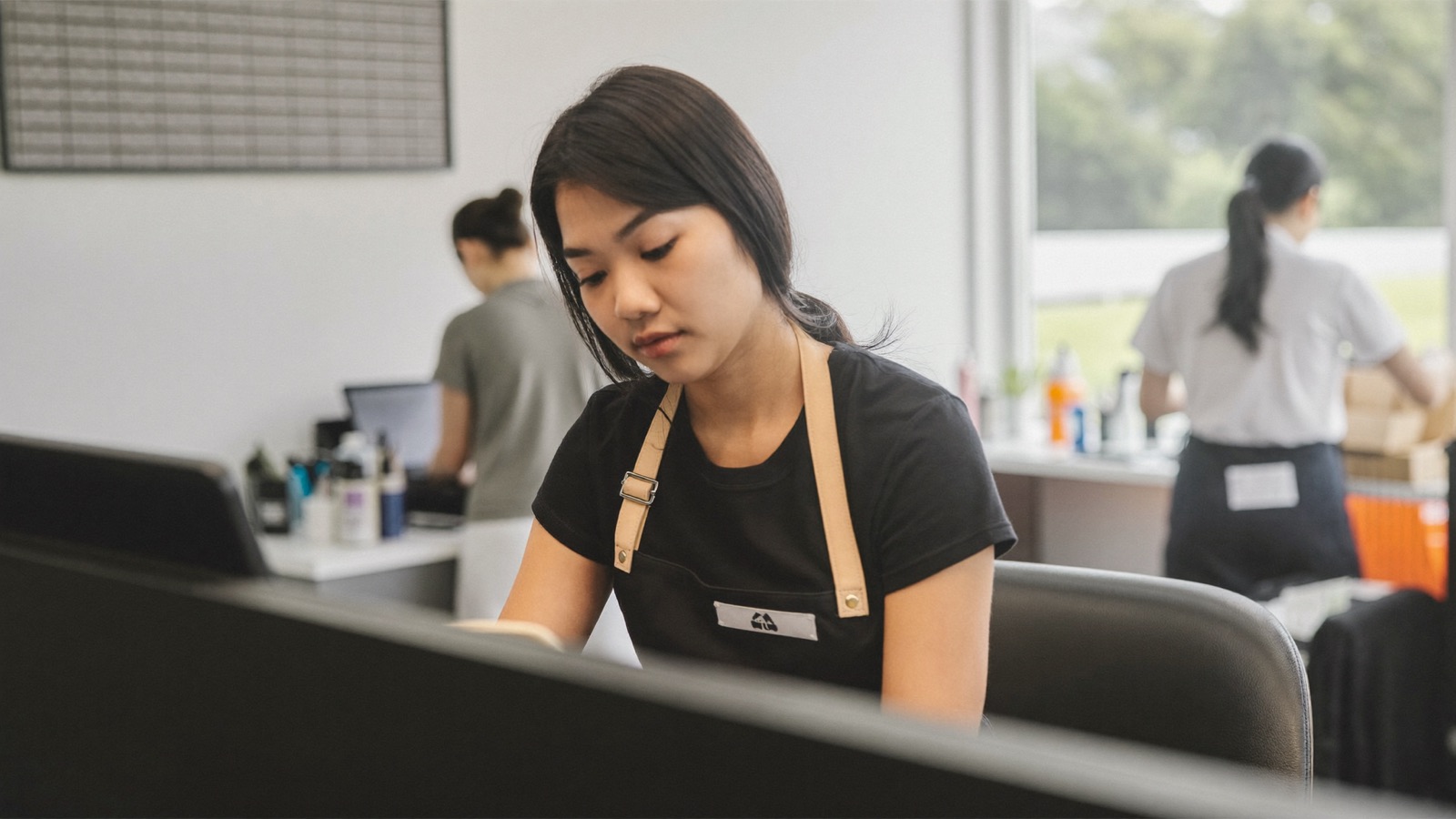 A salon receptionist checking automated message replies on a phone at the front desk