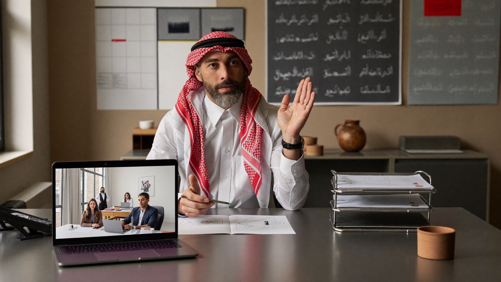 A business owner on a video call with a remote marketing team, reviewing designs together