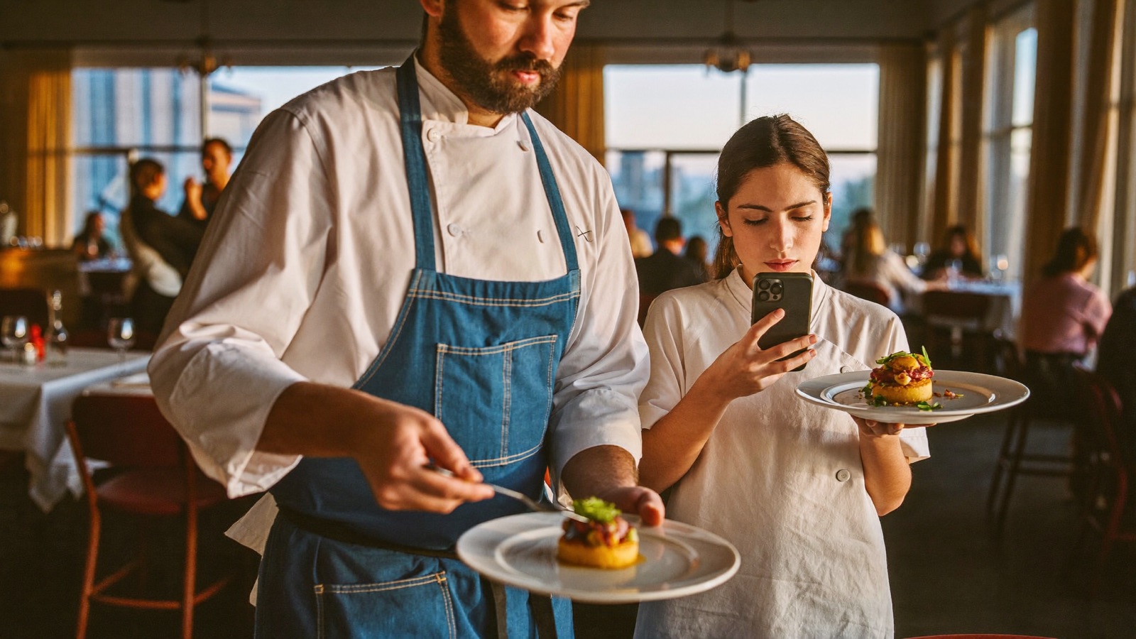 A chef plating a dish at the pass while a staff member films it on a phone