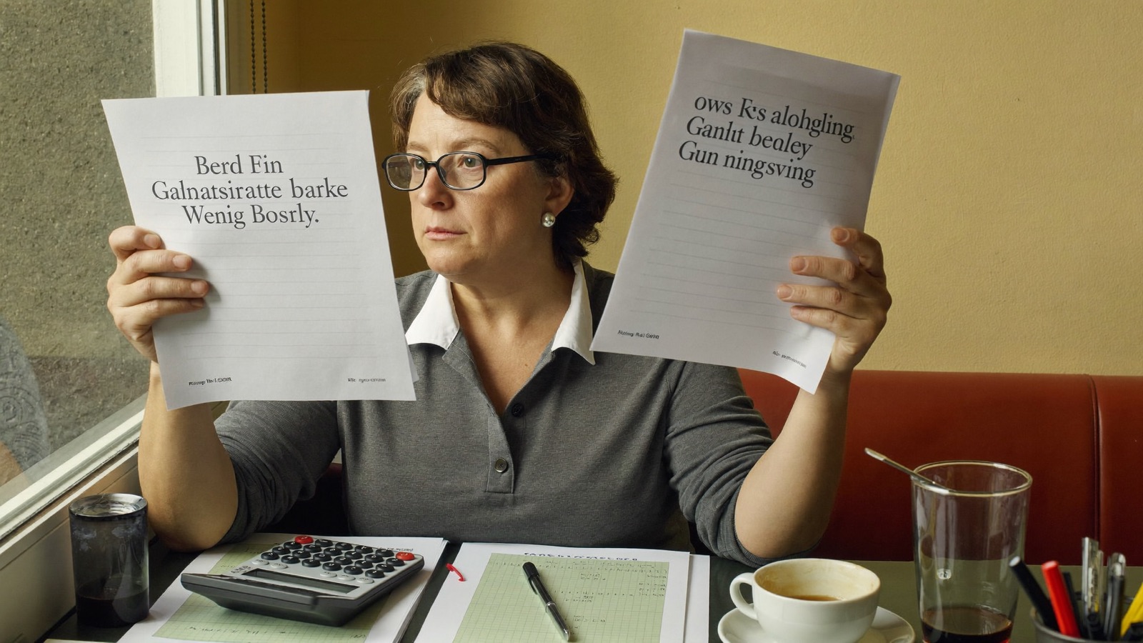 A business owner comparing two marketing quotes on paper at her desk