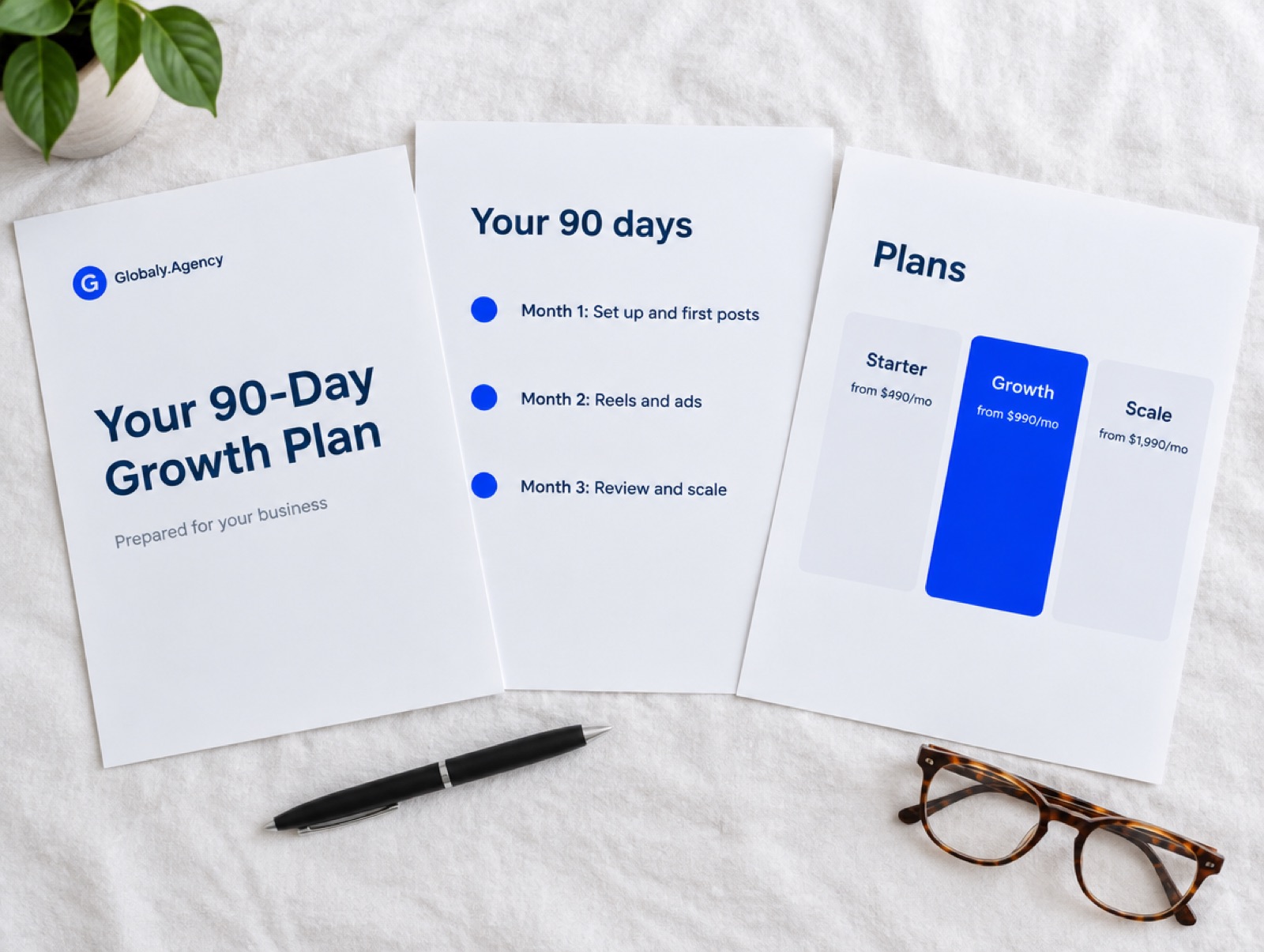 Printed pages of a Globaly.Agency proposal: cover, reach chart and pricing table